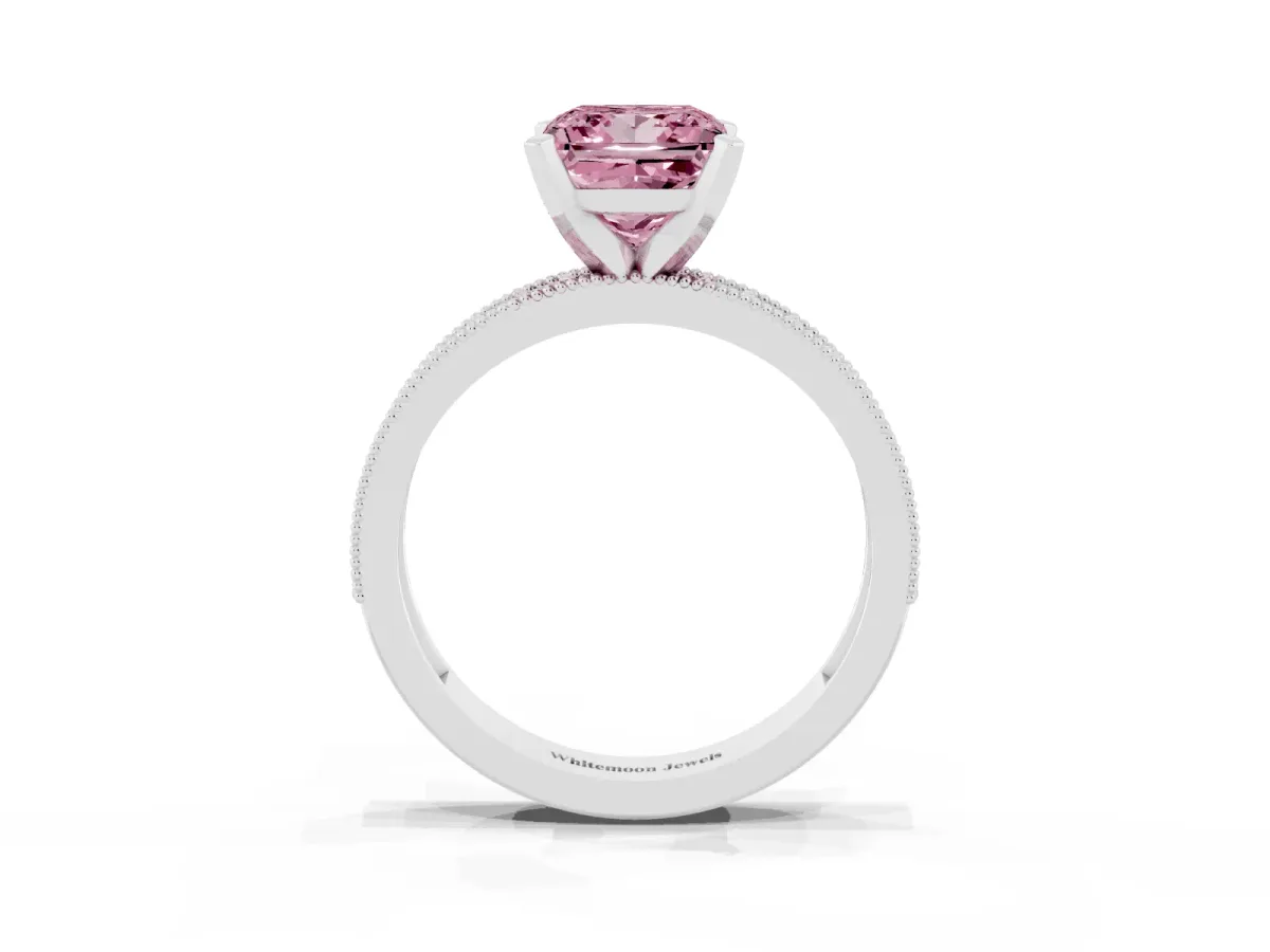 Fancy Pink Princess Cut Diamond Milgrain Pavé Engagement Ring with Four-Prong Setting Silver