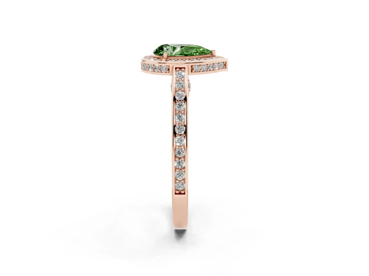 Fancy Green Pear Cut Cut Halo Pave Split Shank Prong Setting Ring Rose gold