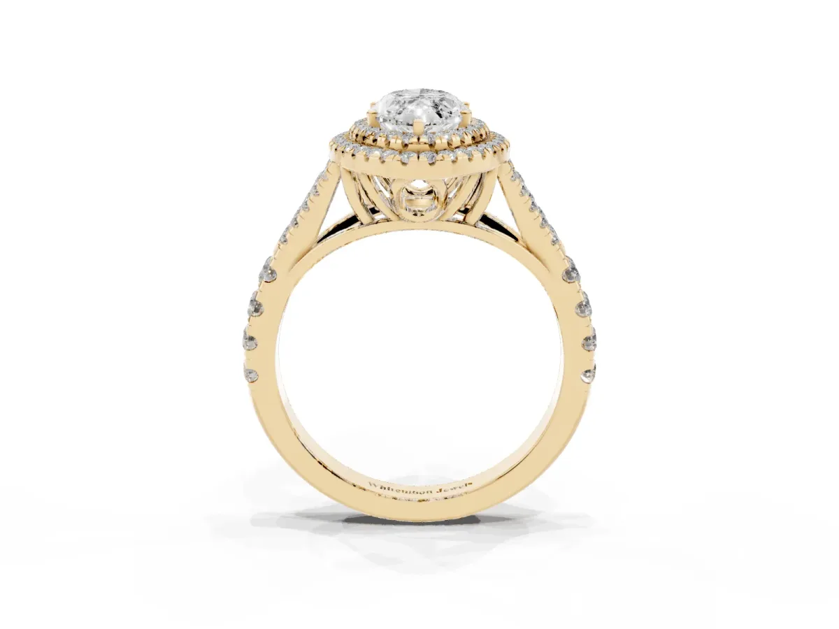 Double Halo Marquise Cut Diamond Split Shank Engagement Ring with Four-Prong Setting Yellow gold