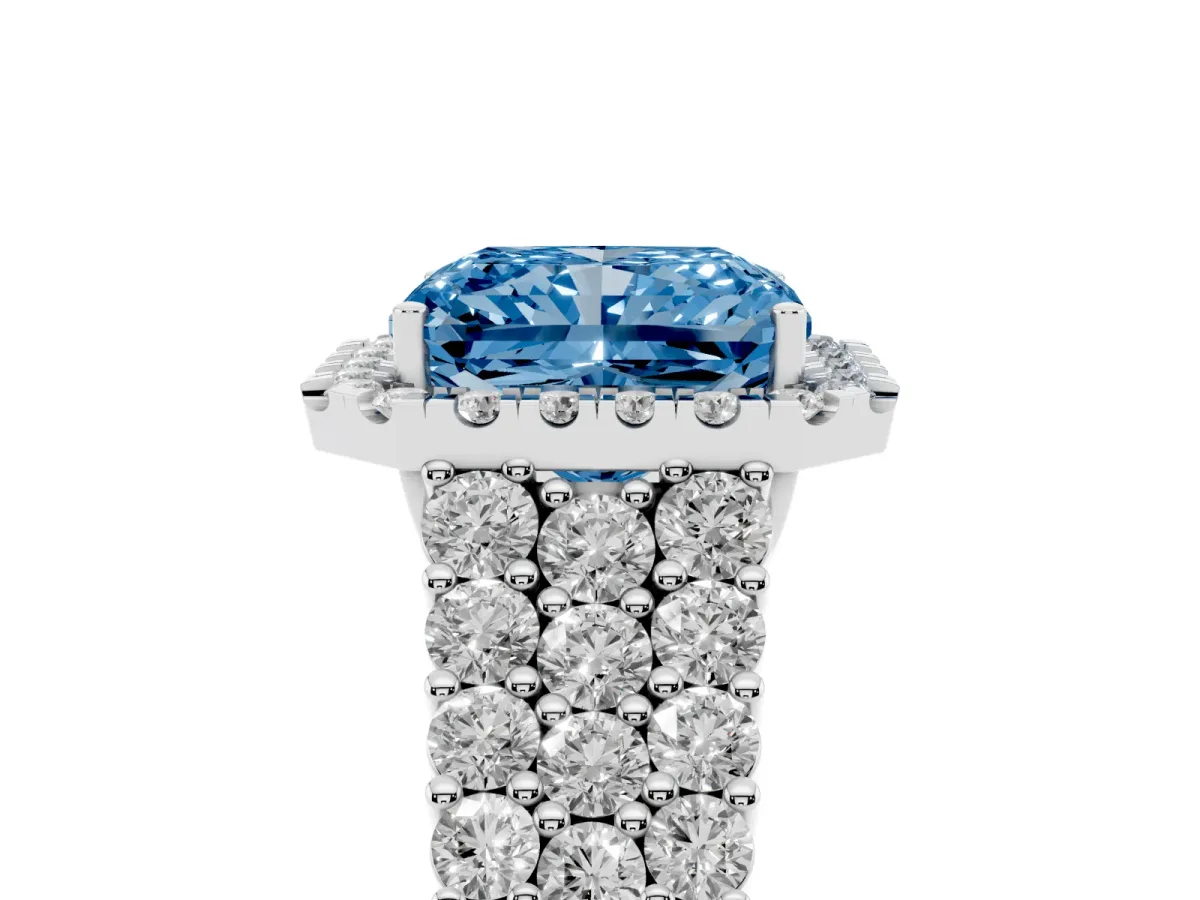 Fancy Blue Radiant Cut Diamond Halo Engagement Ring with Triple Row Round Pavé Band and Prong Setting White gold