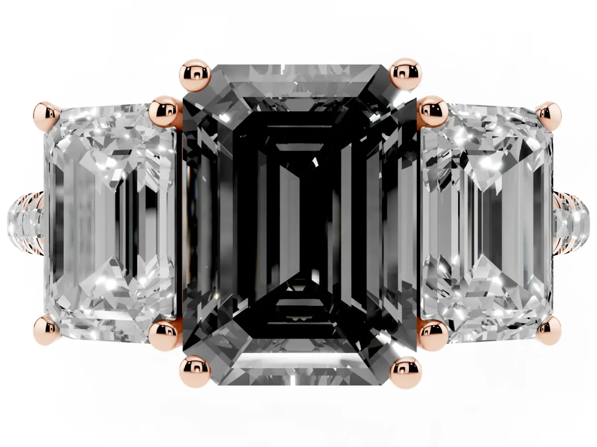 Fancy Black Three-Stone Emerald Cut Diamond Ring with Round Pavé Band and Prong Setting Rose gold