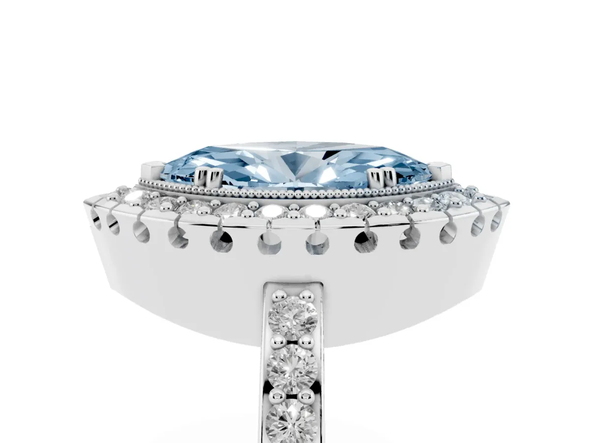 Fancy Blue Marquise Cut Diamond Halo Ring with Pavé Band and Prong Setting White gold