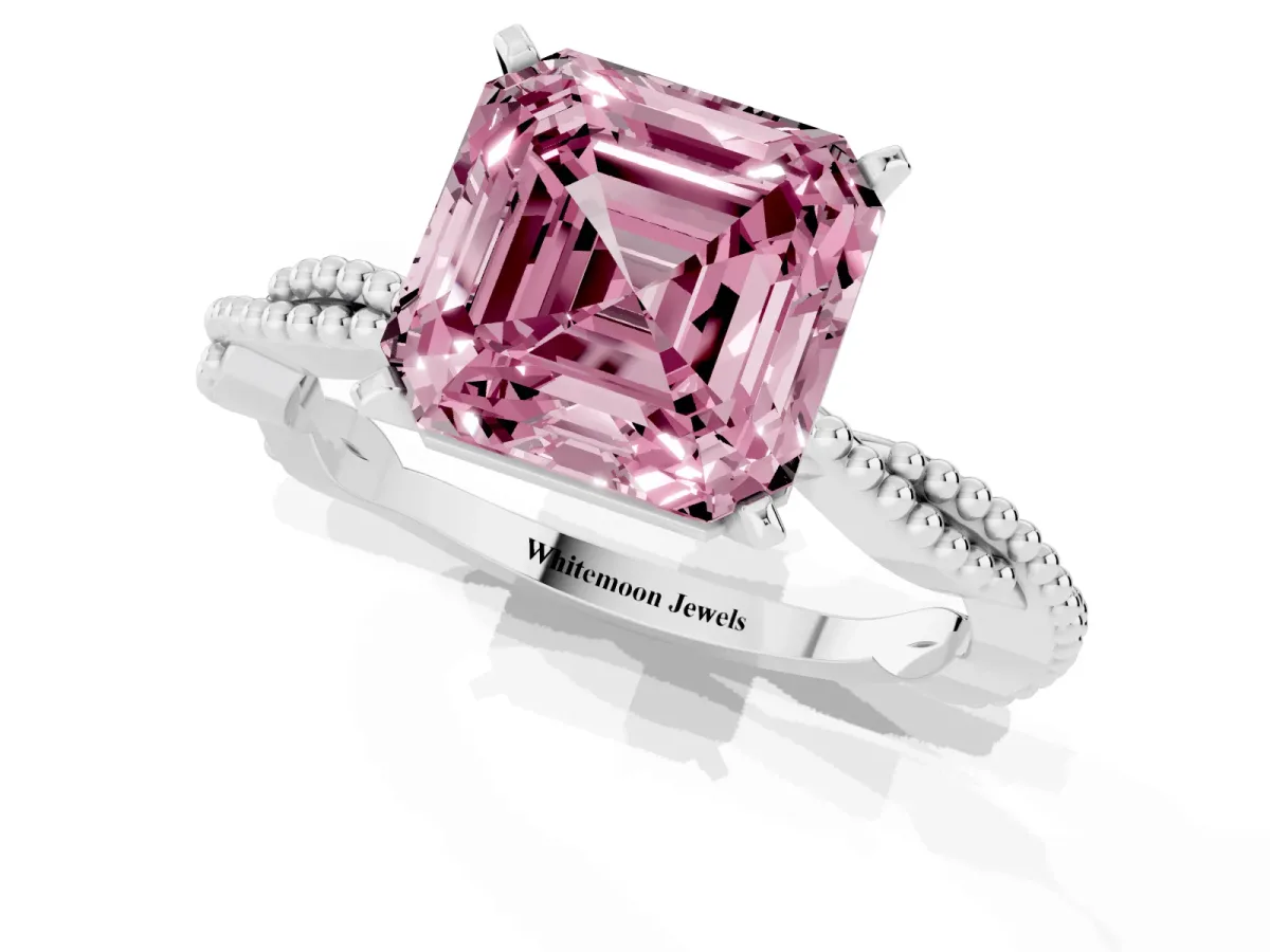 Fancy Pink Asscher Cut Solitaire Twisted Band with Bead Prong Setting Silver
