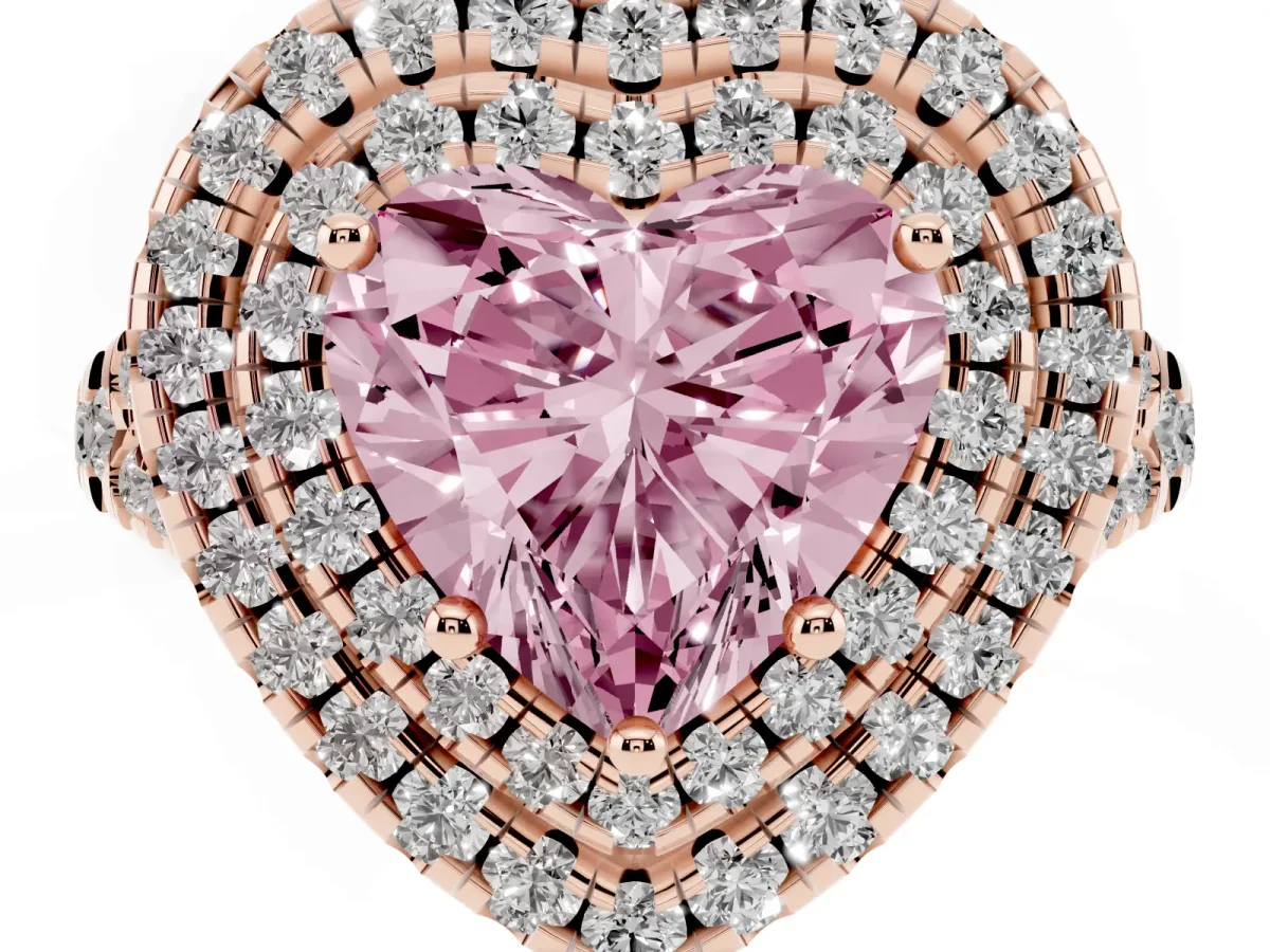 Fancy Pink Double Halo Heart Cut Diamond Pavé Split Shank Ring with Prong Setting Rose gold