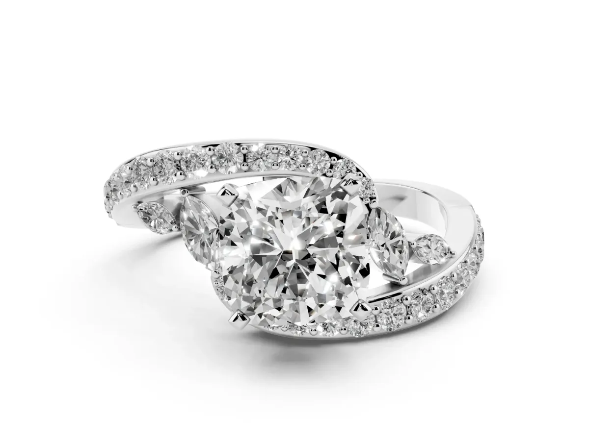 Cushion Cut Diamond Solitaire Ring with Filigree Band and Four-Prong Setting Silver