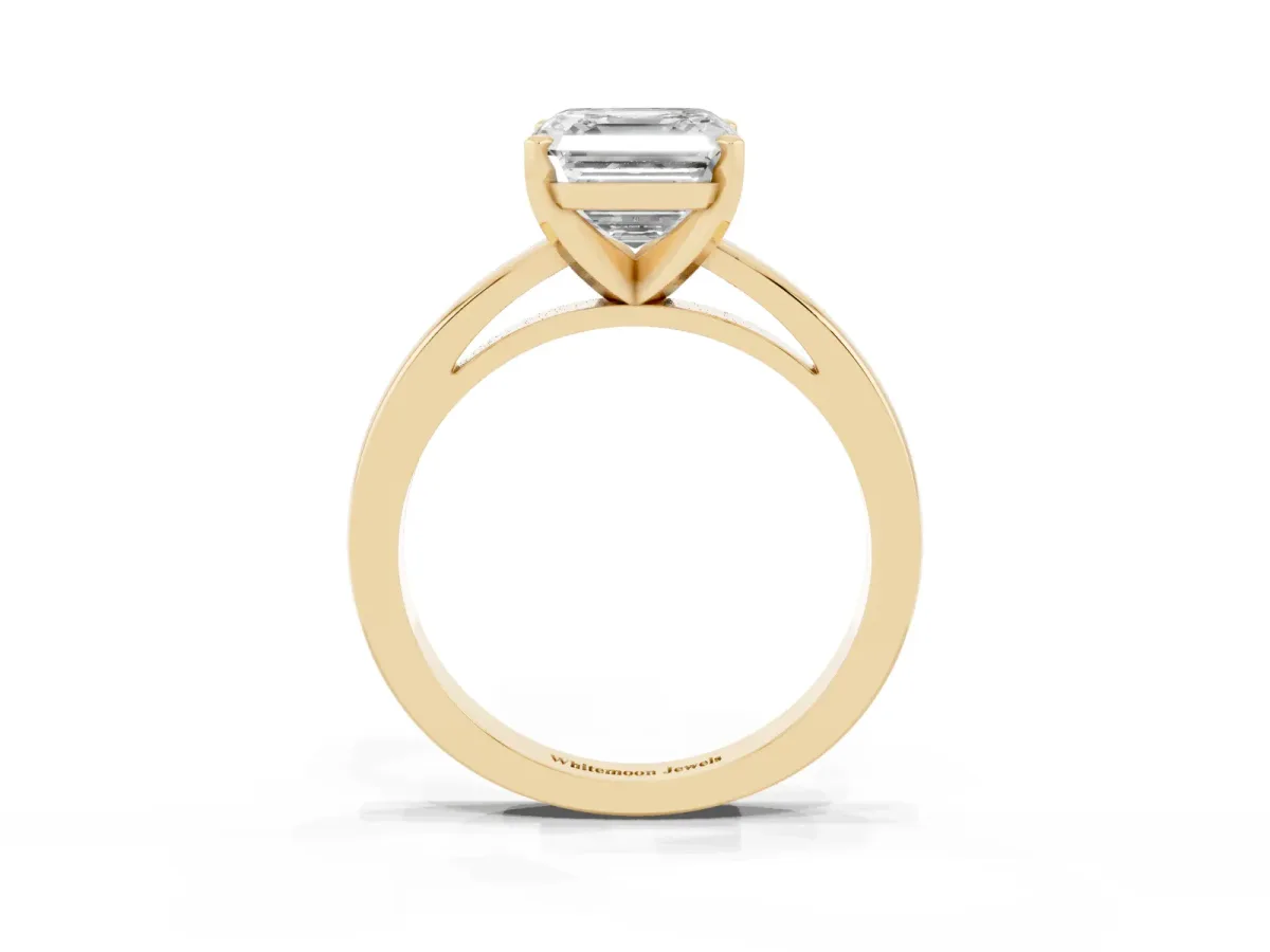 Asscher Cut Solitaire Diamond Engagement Ring with Four-Prong Setting on a Classic Band Yellow gold