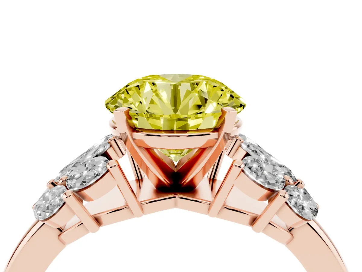 Fancy Yellow Round Cut Diamond Cluster Leaf Design Ring with Prong Setting Rose gold