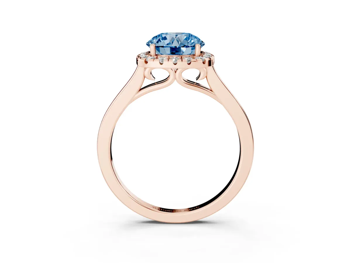 Fancy Blue Round Cut Halo Round Diamond Solitaire Ring with Pavé Band and Four-Prong Setting Rose gold