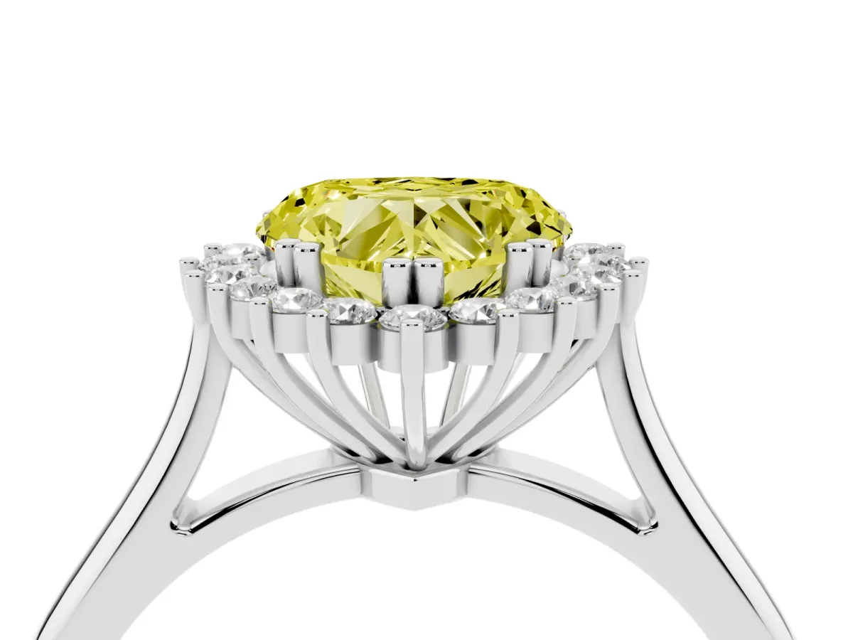 Fancy Yellow Heart Cut Cut Diamond Halo Ring with Solitaire Band and Prong Setting White gold