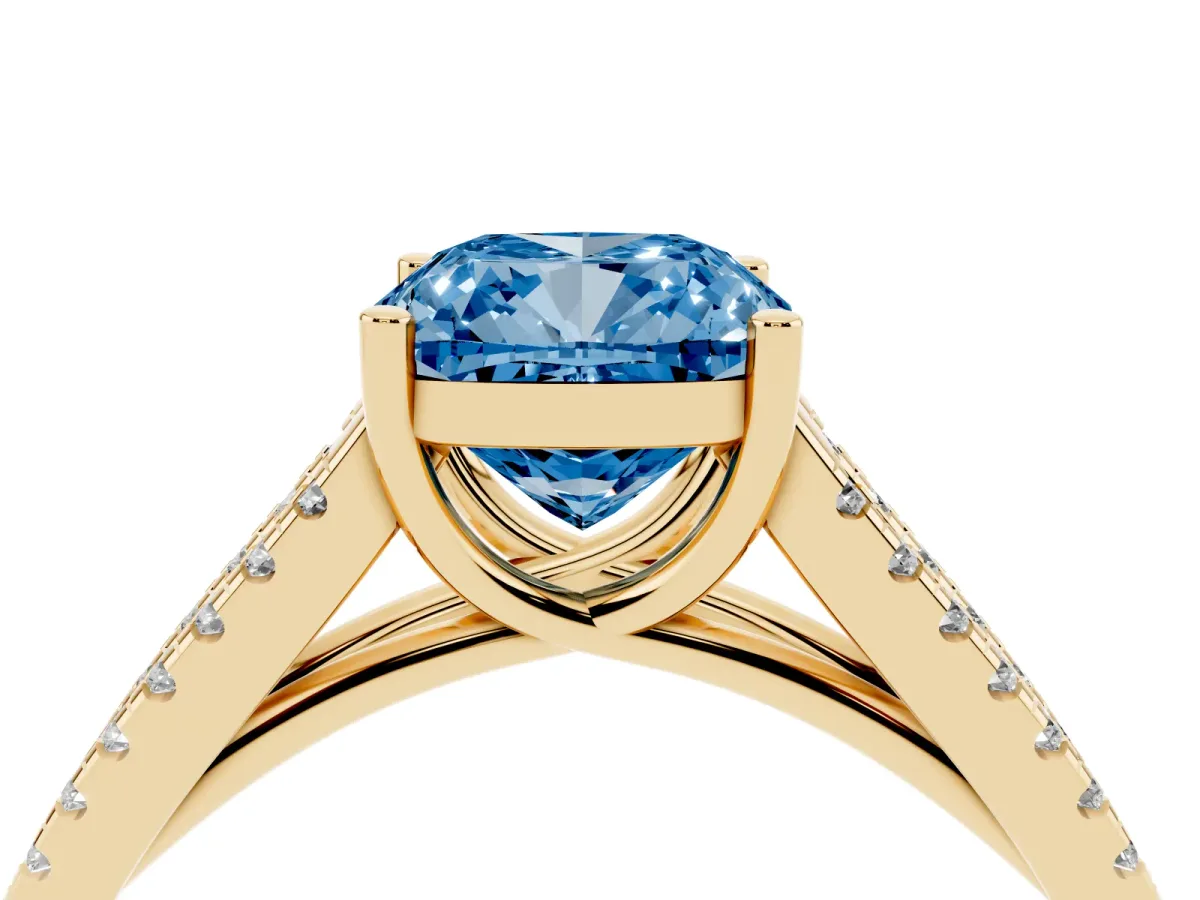 Fancy Blue Cushion Cut Diamond Solitaire Engagement Ring with Split Shank Pavé Band Yellow gold
