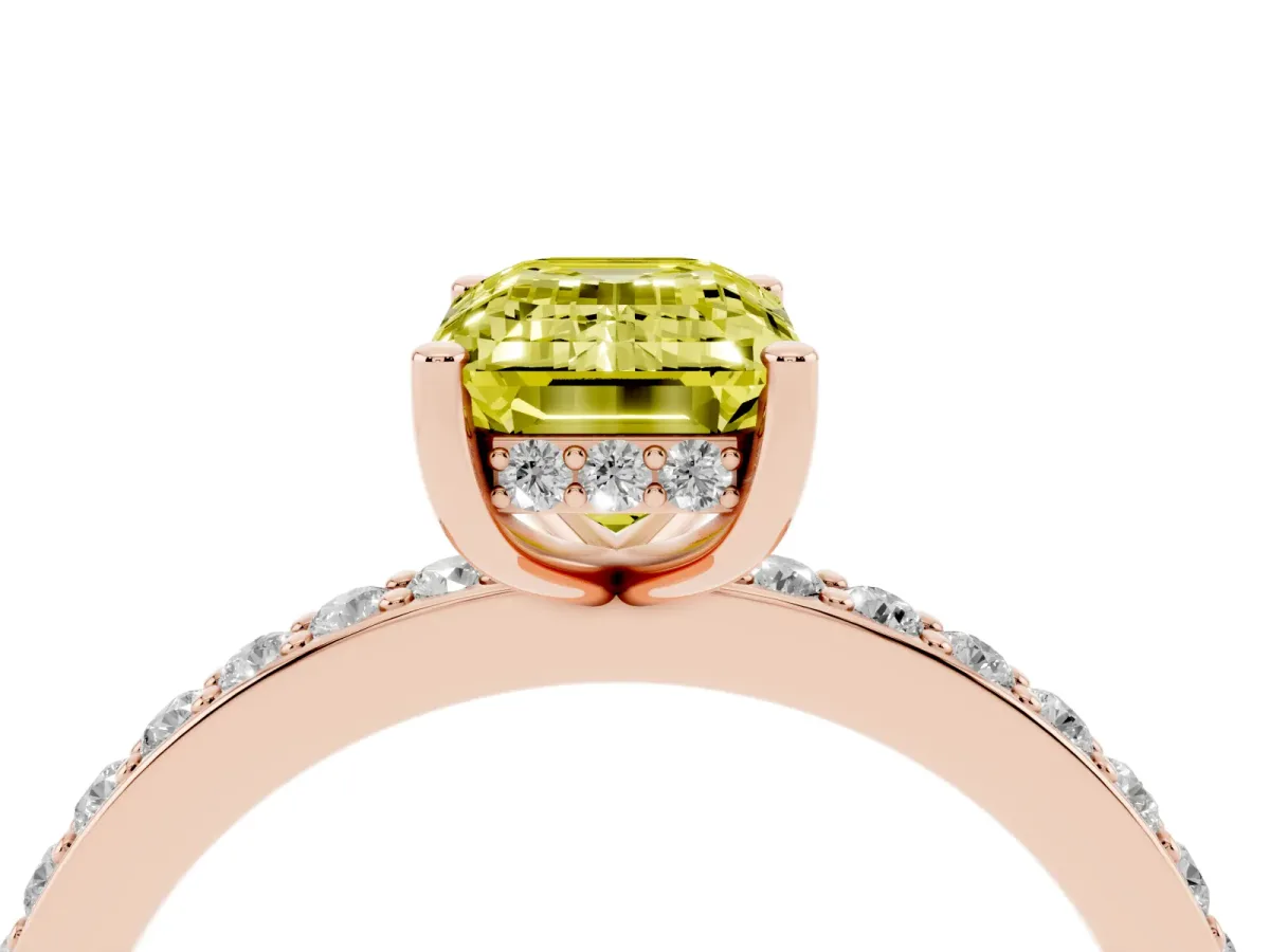 Fancy Yellow Emerald Cut Cut Diamond Pavé Band Ring with Four-Prong Setting Rose gold