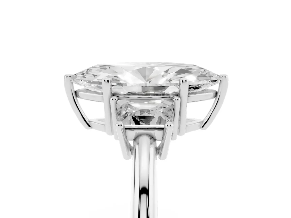 Marquise Cut Diamond Three-Stone Ring with Trapezoid Side Stones and Prong Setting White gold