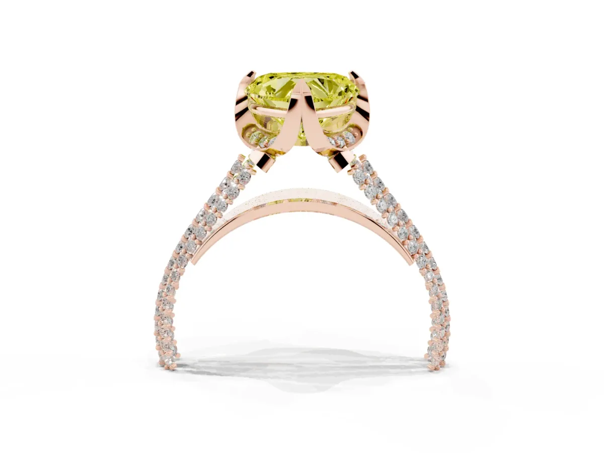 Fancy Yellow Heart Cut Solitaire Pave Split Shank Ring with Four-Prong Setting Rose gold