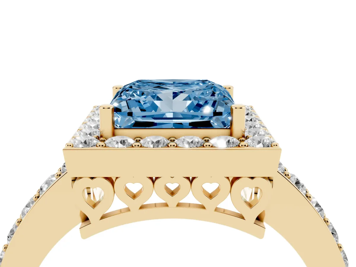 Fancy Blue Princess Cut Halo Diamond Pavé Band Ring with Prong Setting Yellow gold