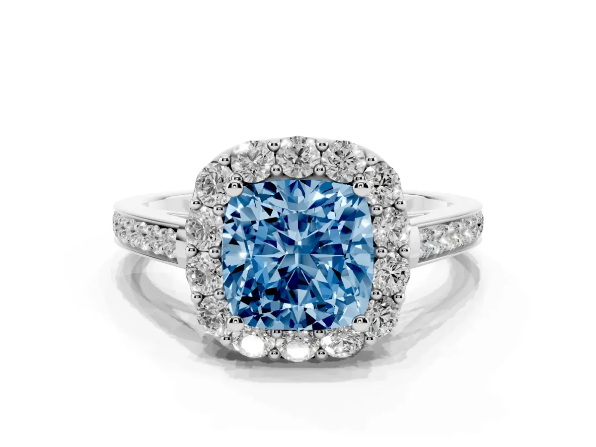 Fancy Blue Cushion Cut Diamond Floral Halo Ring with Pavé Band and Prong Setting White gold