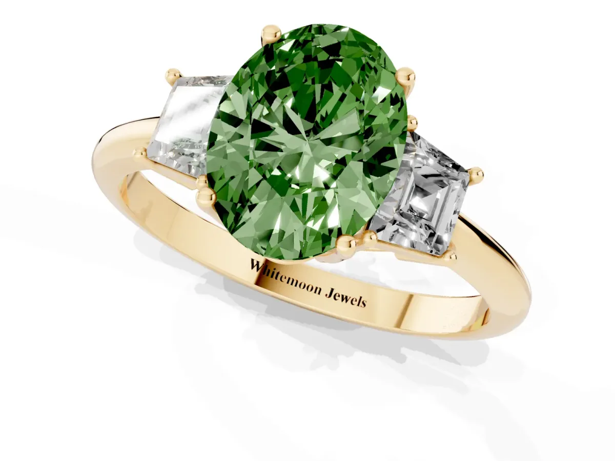 Fancy Green Oval Cut Diamond Three-Stone Ring with Trapezoid Side Stones and Prong Setting Yellow gold