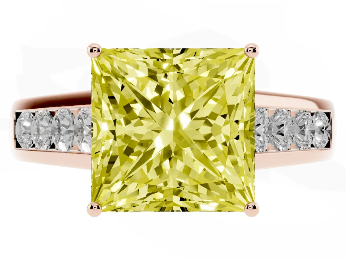 Fancy Yellow Princess Cut Brilliant Channel-Set Solitaire Ring with Four-Prong Setting Rose gold