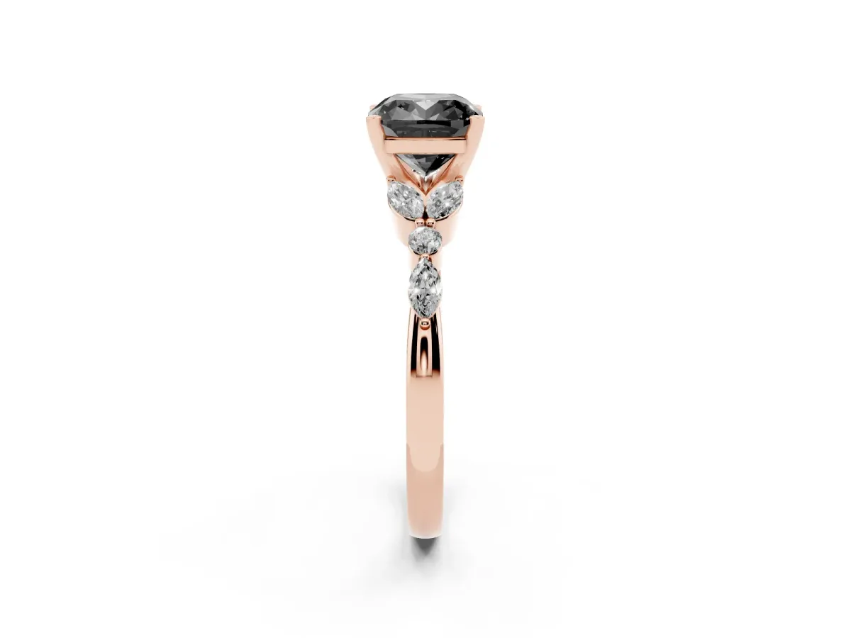 Fancy Black Cushion Cut Diamond Solitaire Ring with Side Stones and Four-Prong Setting Rose gold