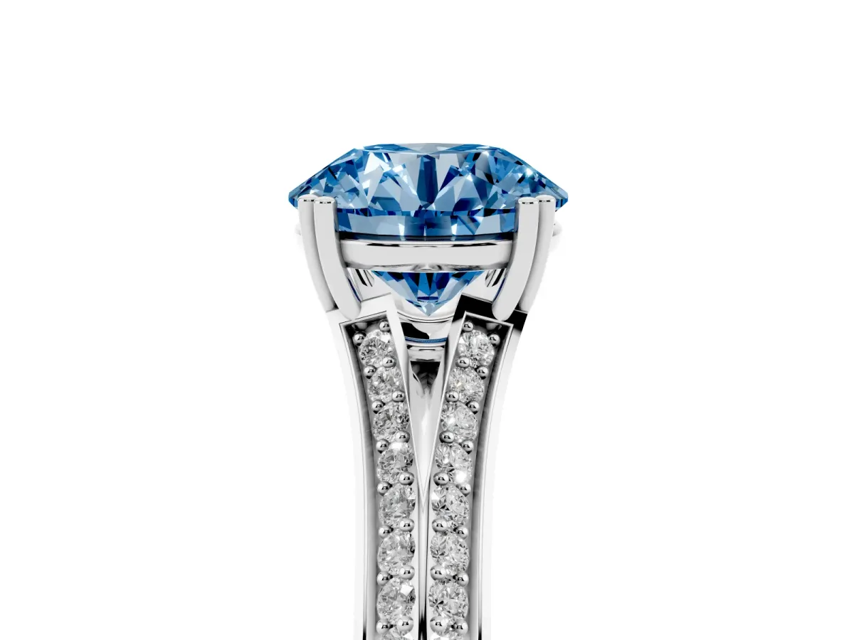 Fancy Blue Round Cut Diamond Split Shank Engagement Ring with Pavé Band Silver