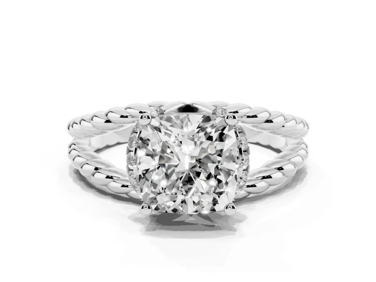 Cushion Cut Halo Twisted Band Four-Prong Ring Silver