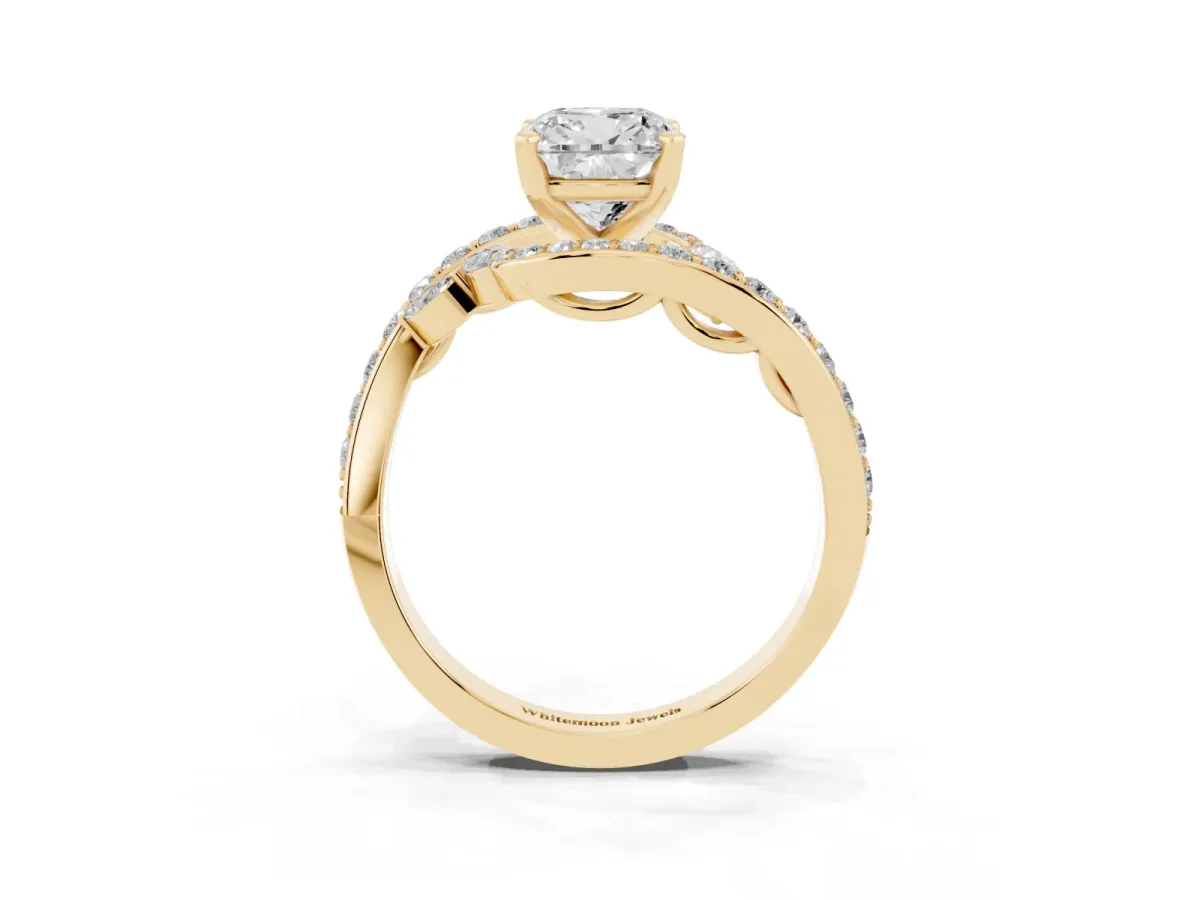 Cushion Cut Solitaire with Pavé Twist Band and Four-Prong Setting Yellow gold