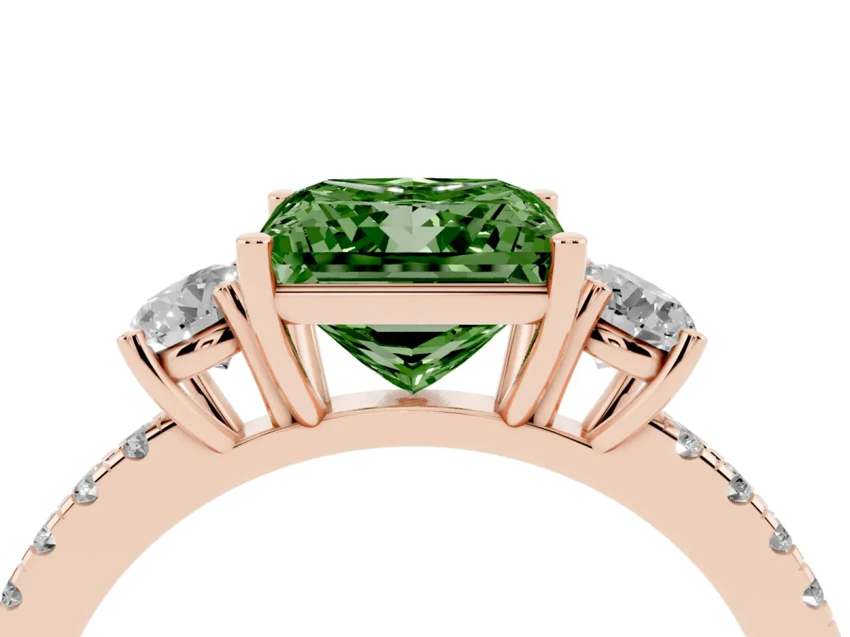 Fancy Green Three-Stone Princess Cut Cut Diamond Pavé Band with Prong Setting Rose gold