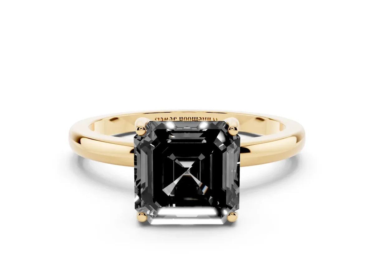 Fancy Black Asscher Cut Solitaire Diamond Ring with Prong Setting and Plain Band Yellow gold