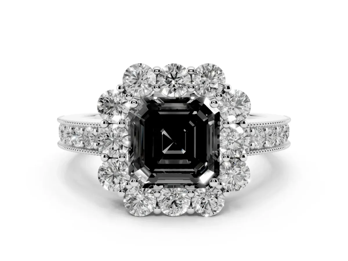 Fancy Black Asscher Cut Cut Halo Diamond Pavé Engagement Ring with Milgrain Detailing Platinum