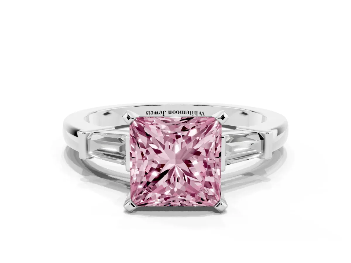 Fancy Pink Princess Cut Cut Diamond Solitaire Ring with Tapered Baguette Accents and Four-Prong Setting Silver