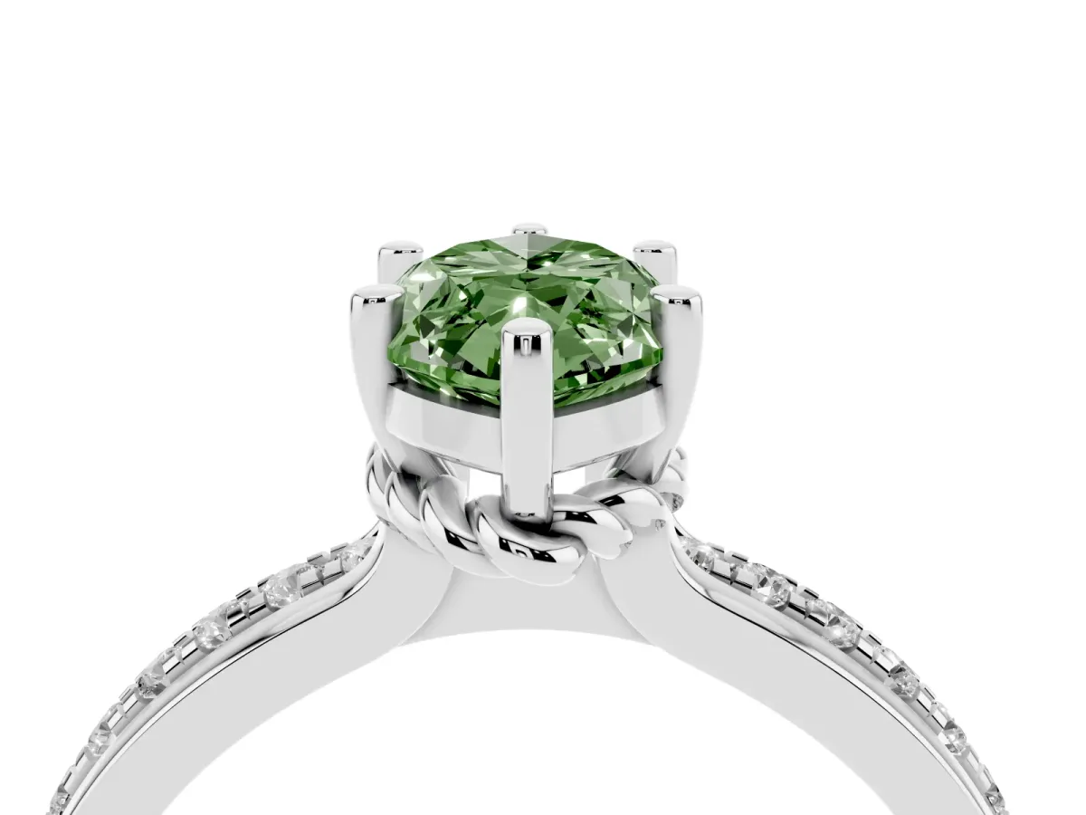 Fancy Green Marquise Cut Solitaire Diamond Ring with Channel Set Band and Six-Prong Setting Silver