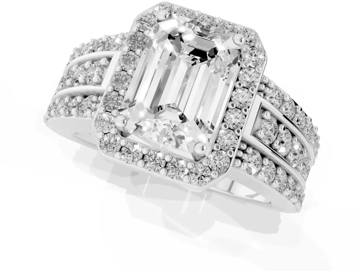 Emerald Cut Halo Diamond Ring with Round Split Shank and Prong Setting Silver