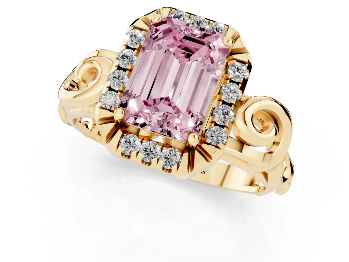 Fancy Pink Emerald Cut Cut Halo Diamond Ring with Scrollwork Band and Four-Prong Setting Yellow gold