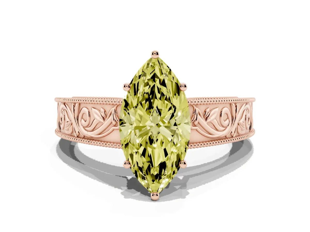 Fancy Yellow Marquise Cut Diamond Solitaire Ring with Engraved Band and Four-Prong Setting Rose gold