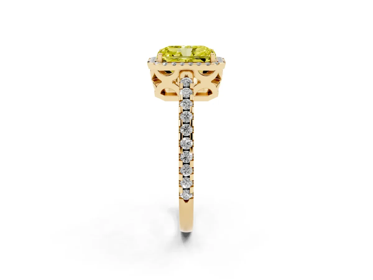 Fancy Yellow Radiant Cut Diamond Halo Engagement Ring with Pavé Band and Prong Setting Yellow gold