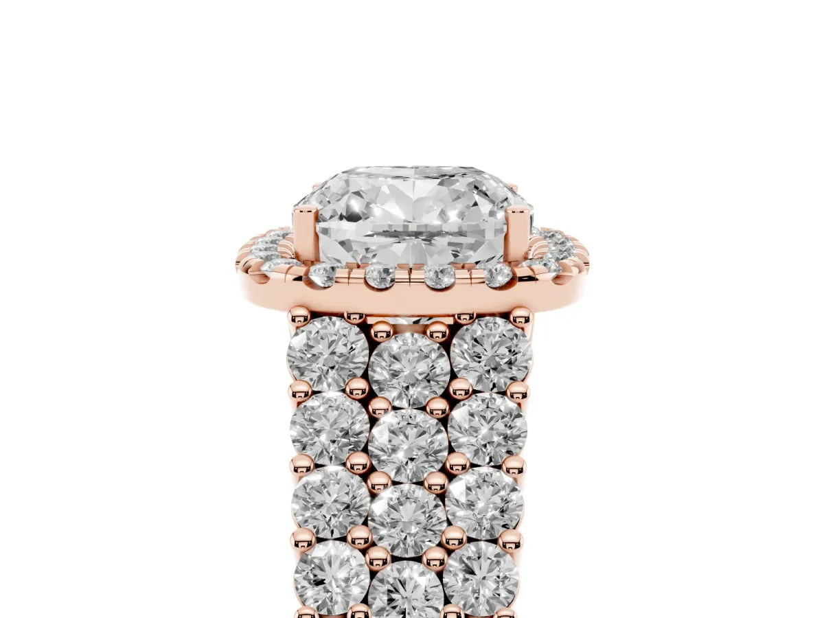 Cushion Cut Diamond Halo Engagement Ring with Triple Row Round Pavé Band and Prong Setting Rose gold