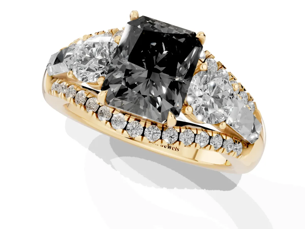 Fancy Black Three-Stone Radiant Cut Diamond Engagement Ring with Pave Band and Prong Setting Yellow gold