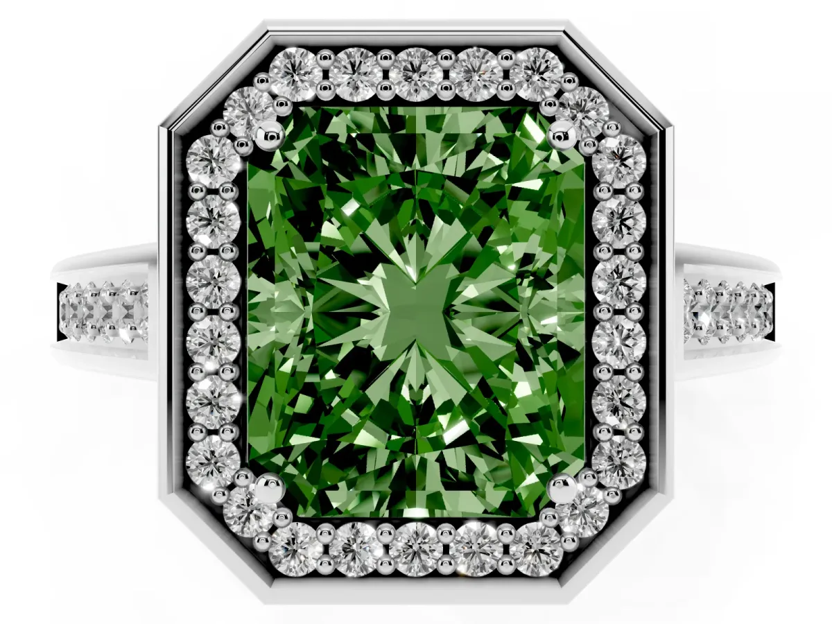 Fancy Green Emerald Cut Halo Solitaire Diamond Ring with Pave Band and Bezel Setting Silver