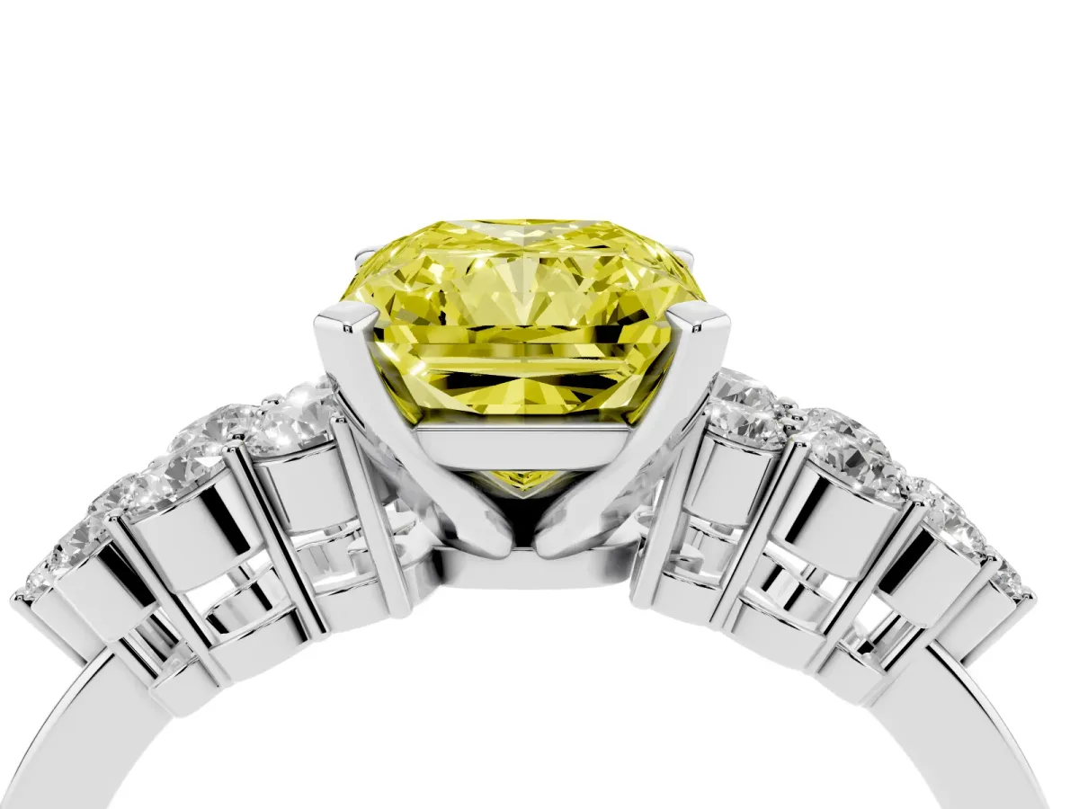 Fancy Yellow Radiant Cut Cluster Diamond Engagement Ring with Pavé Band and Four-Prong Setting White gold