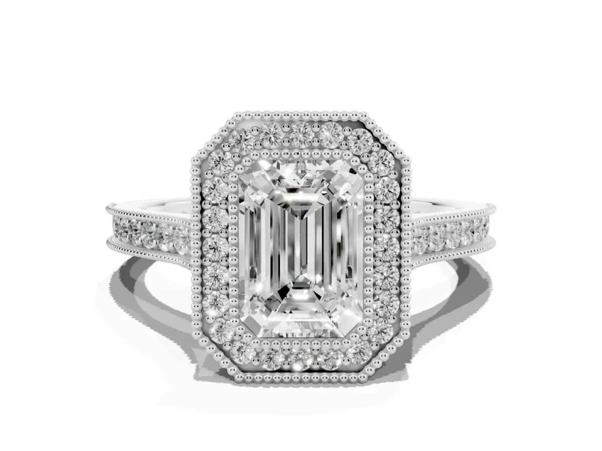 Halo Emerald Cut-Cut Diamond Pave Band Milgrain Prong Setting Ring Silver