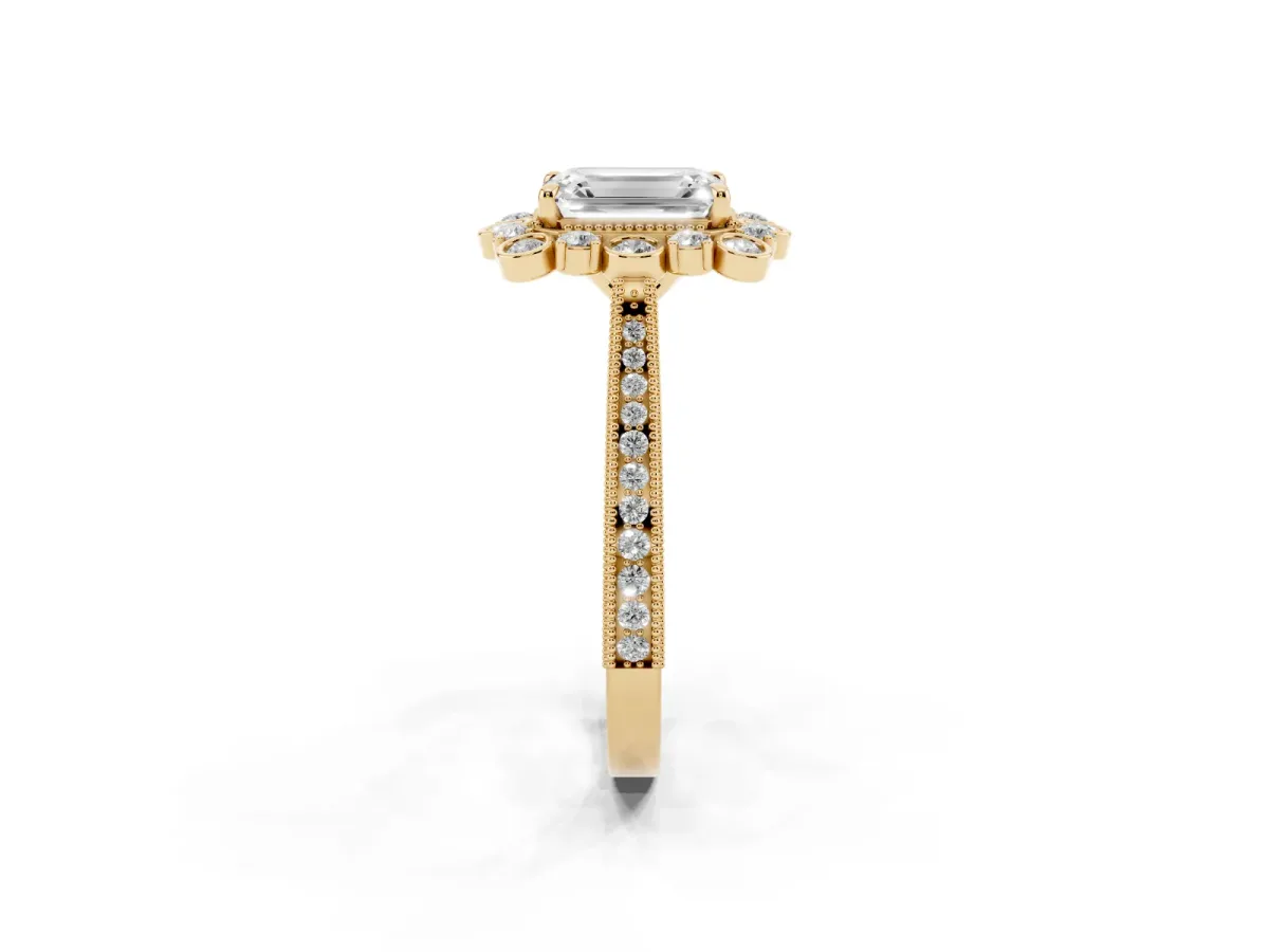 Emerald Cut Halo Milgrain Pave Diamond Ring with Four-Prong Setting Yellow gold
