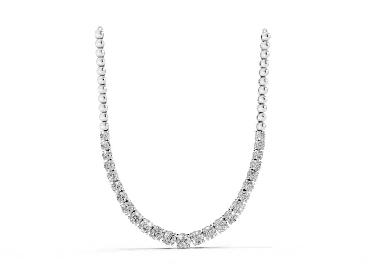 Round Diamond Tennis Necklace with Prong Setting and Bead Chain Silver