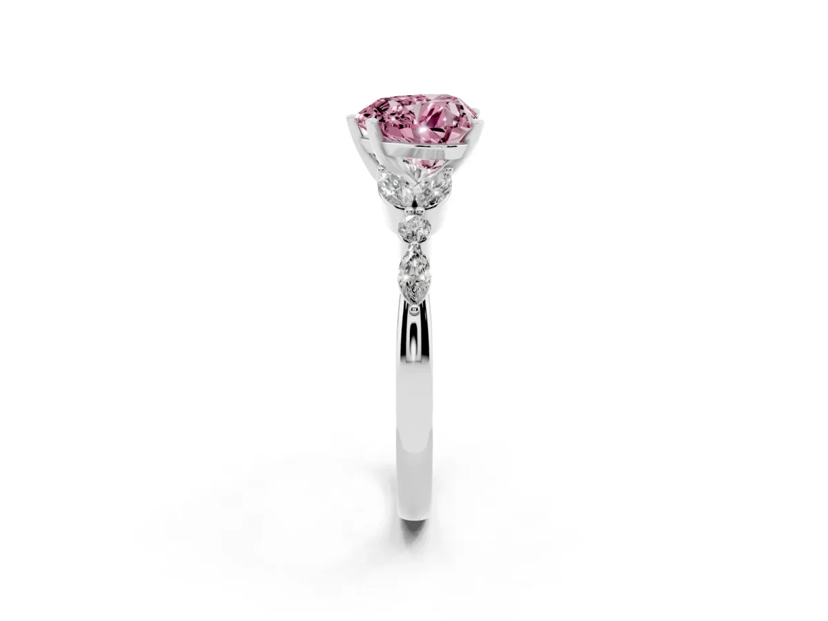 Fancy Pink Heart Cut Diamond Solitaire Ring with Side Stones and Four-Prong Setting Silver