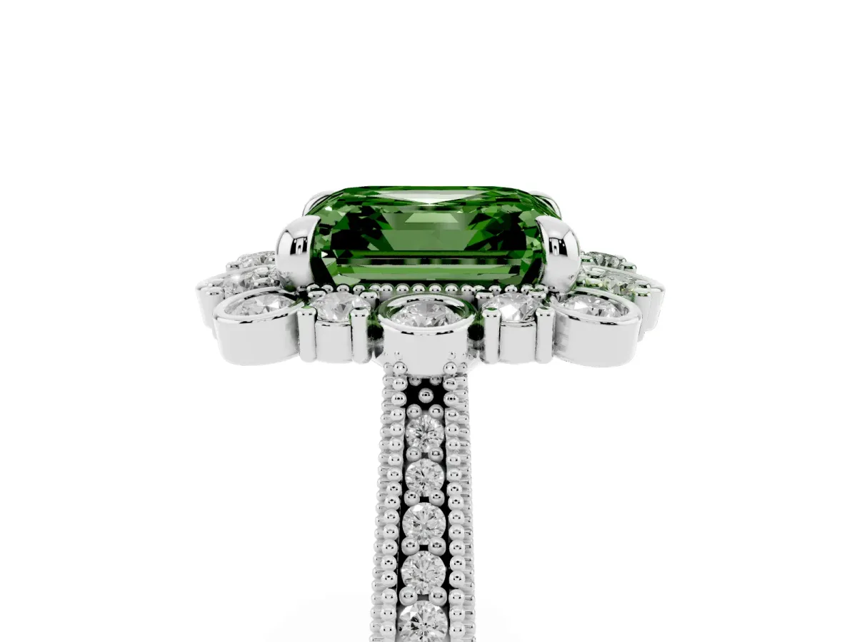 Fancy Green Asscher Cut Halo Milgrain Pave Diamond Ring with Four-Prong Setting Silver