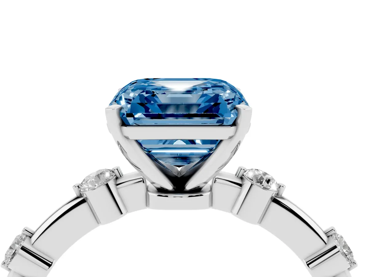 Fancy Blue Asscher Cut Solitaire Diamond Ring with Bezel Set Side Stones and Prong Setting Platinum