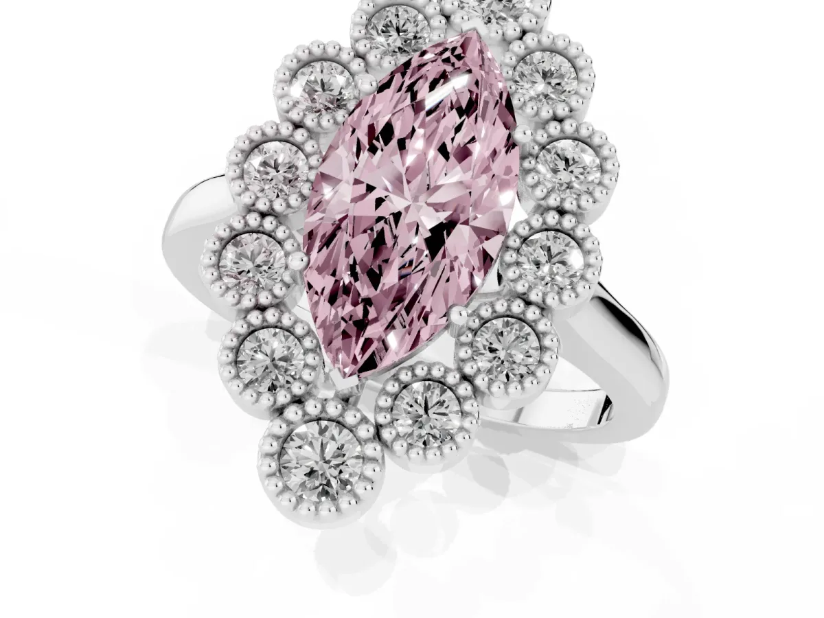Fancy Pink Marquise Cut Halo Diamond Cluster Engagement Ring with Milgrain Bezel Setting and Solitaire Band White gold