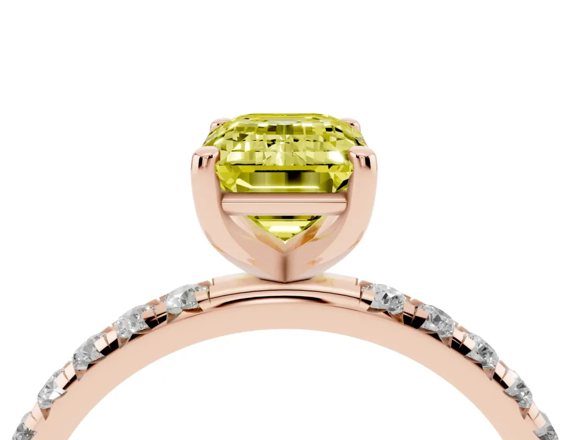 Fancy Yellow Emerald Cut Cut Diamond Solitaire Ring with Micro Pave Band and Four Prong Setting Rose gold