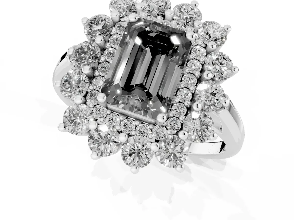 Fancy Black Emerald Cut Diamond Floral Double Halo Engagement Ring with Prong Setting Silver