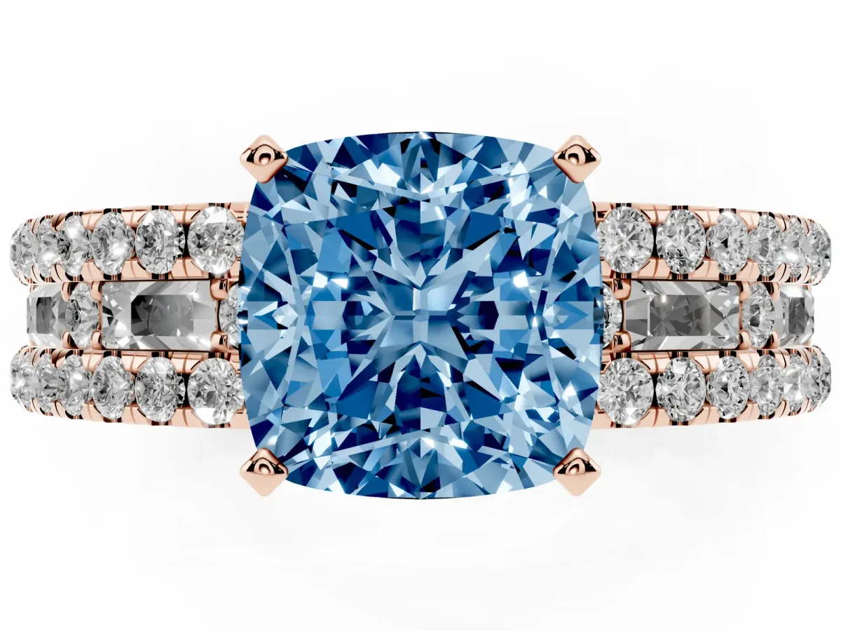 Fancy Blue Cushion Cut Diamond Solitaire Ring with Pavé and Channel Set Band Rose gold