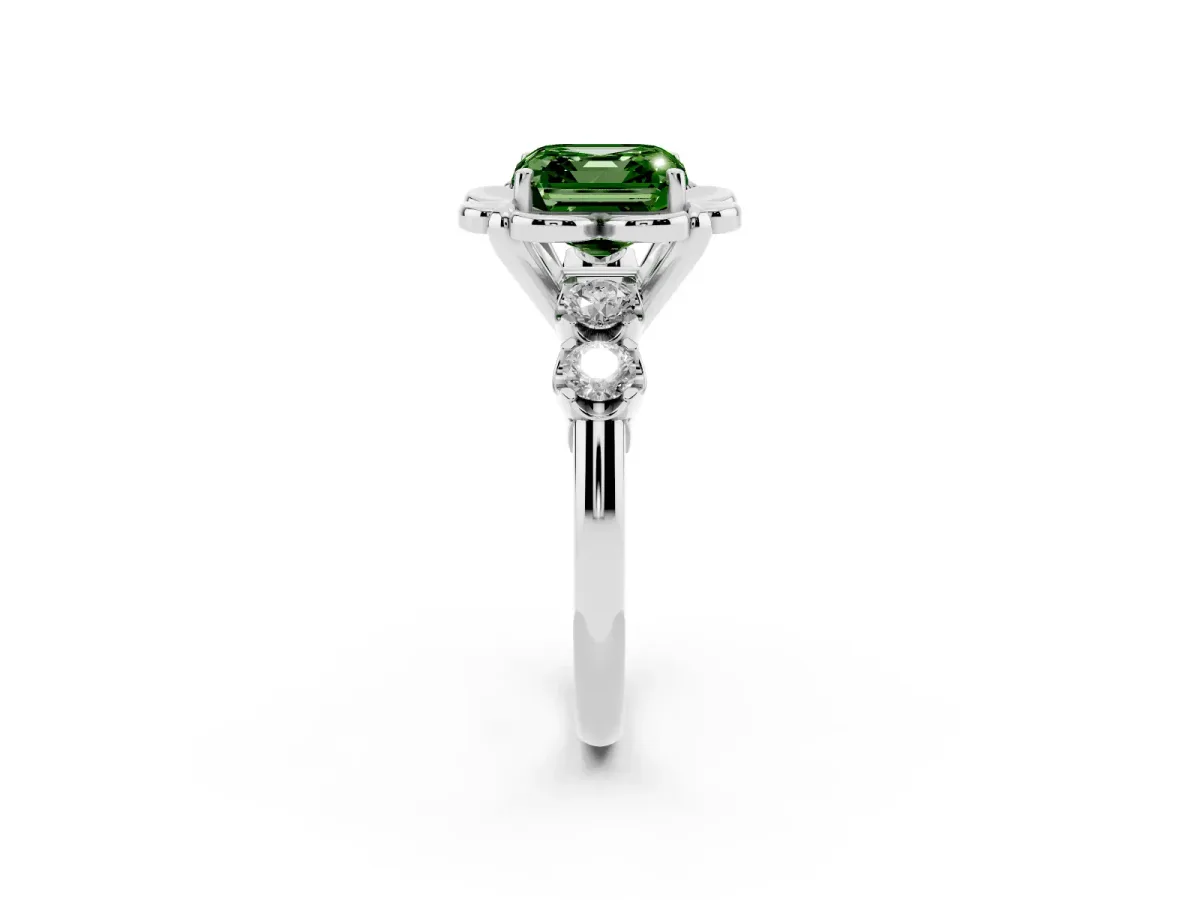 Fancy Green Asscher Cut Cut Diamond Floral Halo Engagement Ring with Shared Prong Setting Silver