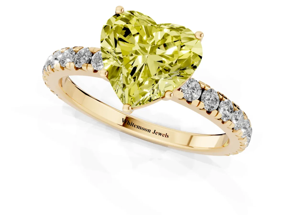 Fancy Yellow Heart Cut Diamond Pavé Solitaire Engagement Ring with Four-Prong Setting Yellow gold
